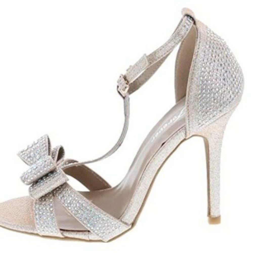 Size 6.5 Wedding Shoes - Color Champagne - 3 Inch Heel - Open Toe Shoes With Bow
